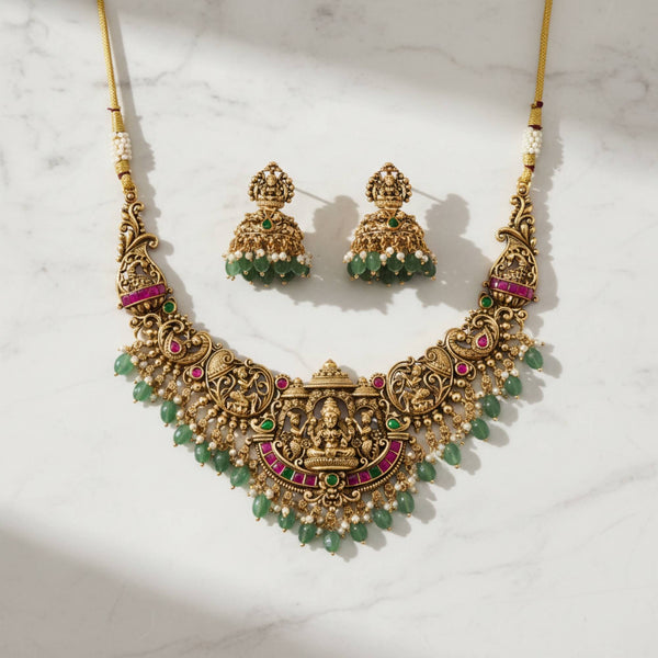 229425 Antique South Indian Necklace With Matte Gold Plating