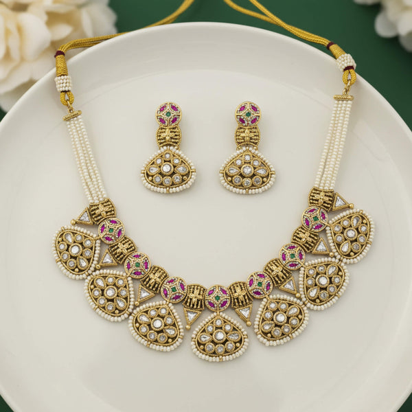 229493 Antique Moti Necklace Set With Gold Plating