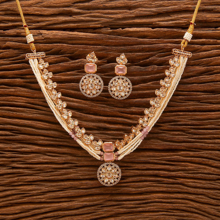 Kundan Pearl Necklace With Rose Gold Plating 302323