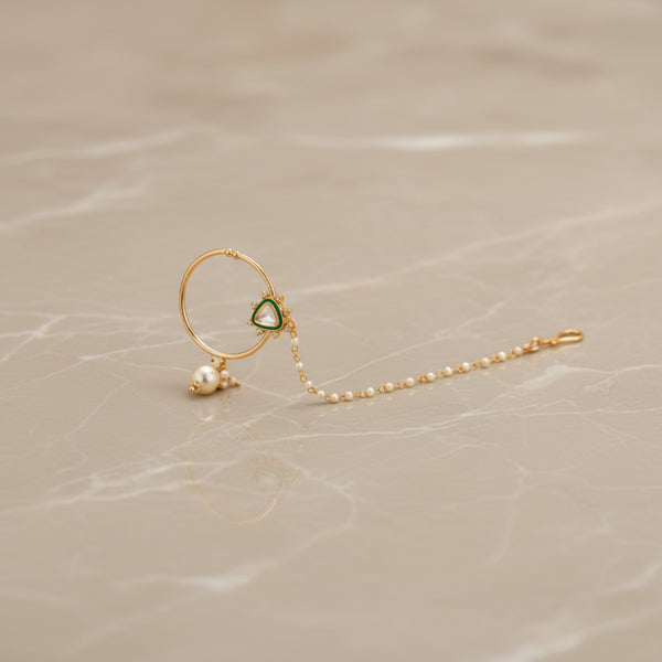 302330 Kundan Moti Nose Ring With Rose Gold Plating