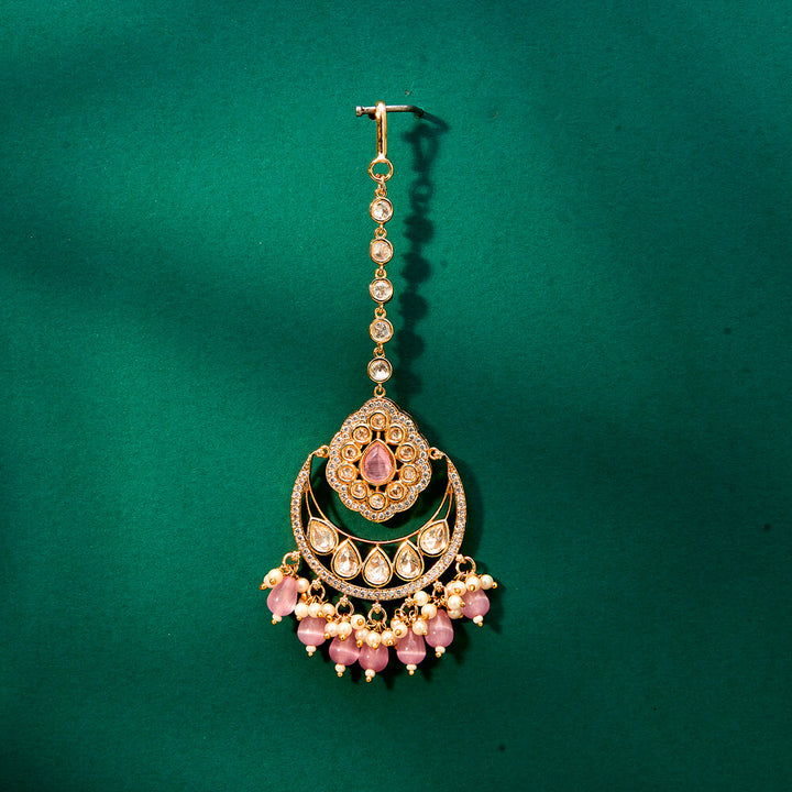 Kundan Moti Tikka With Rose Gold Plating 302432