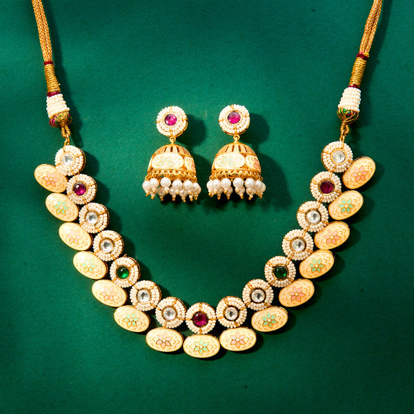 Kundan Meenakari Necklace With Matte Gold Plating 302439