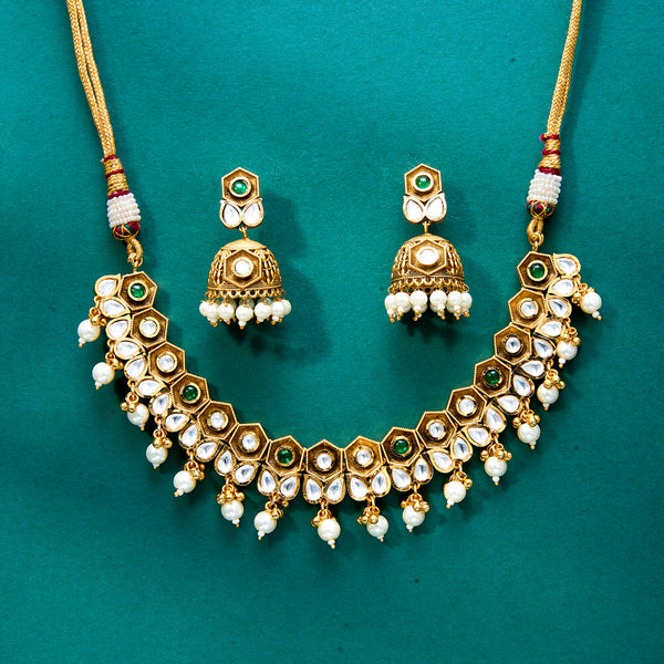 302510 Kundan Moti Necklace With Matte Gold Plating