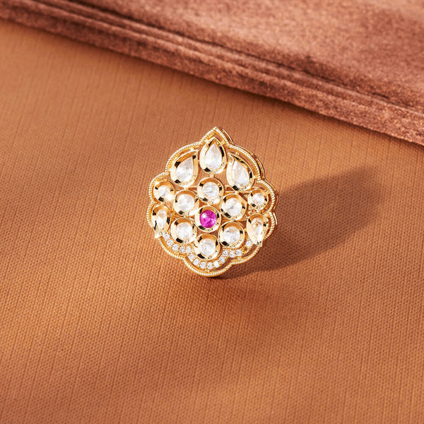 302665 Kundan Adjustable Ring With Rose Gold Plating