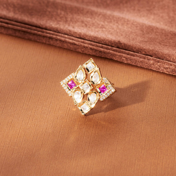 302666 Kundan Adjustable Ring With Matte Gold Plating