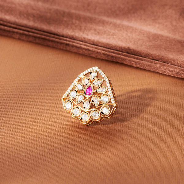 302668 Kundan Adjustable Ring With Rose Gold Plating