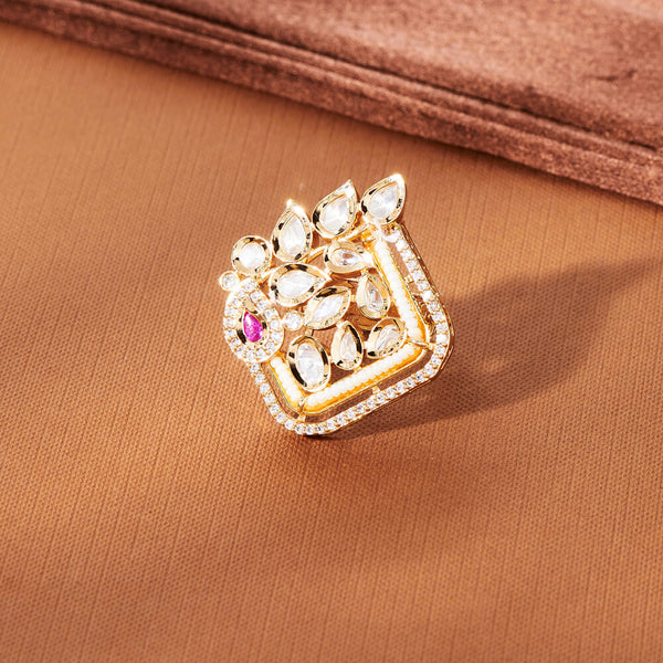 302669 Kundan Adjustable Ring With Rose Gold Plating