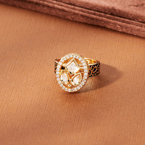 302670 Kundan Adjustable Ring With Rose Gold Plating