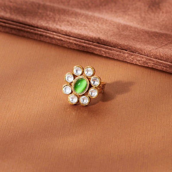 302671 Kundan Adjustable Ring With Matte Gold Plating