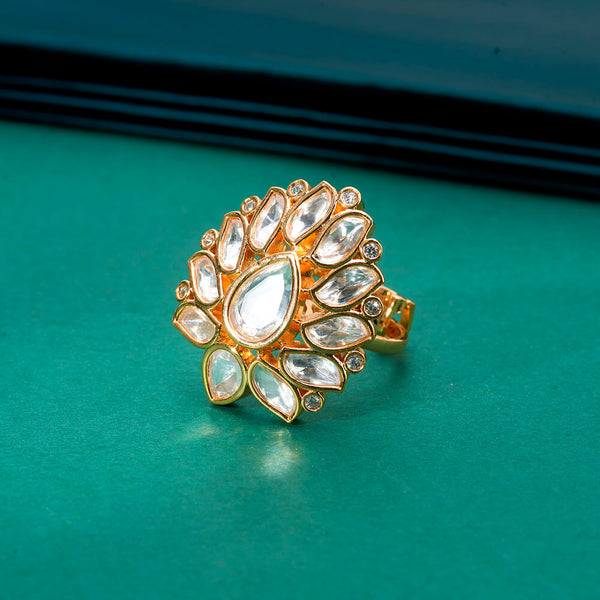 302702 Kundan Adjustable Ring With Rose Gold Plating