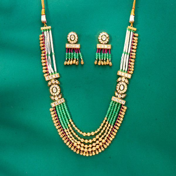 302711 Kundan Long Necklace Set With Matte Gold Plating