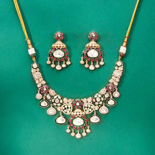 302744 Kundan Meenakari Necklace With Gold Plating
