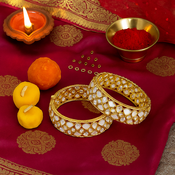 302783 Kundan Mother Of Pearl Bangles With Gold Plating