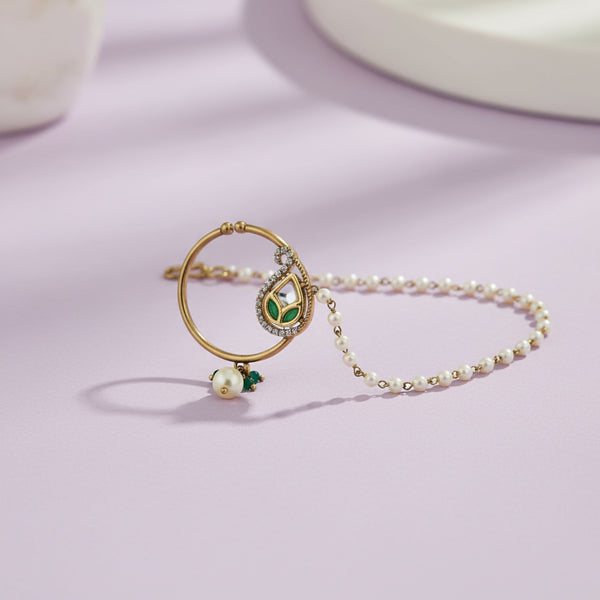 303053 Kundan Moti Nose Ring With Mehndi Plating