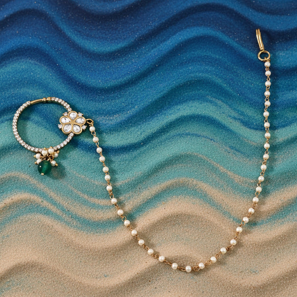 303057 Kundan Moti Nose Ring With Mehndi Plating