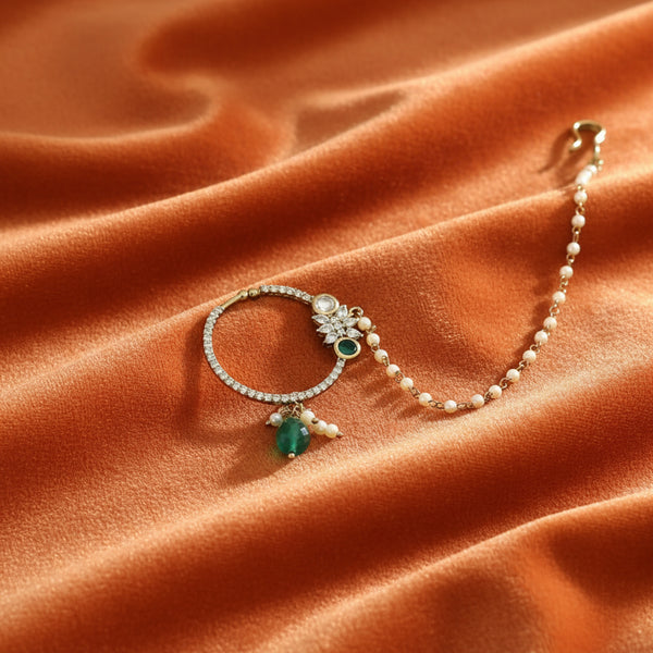 303063 Kundan Moti Nose Ring With Mehndi Plating