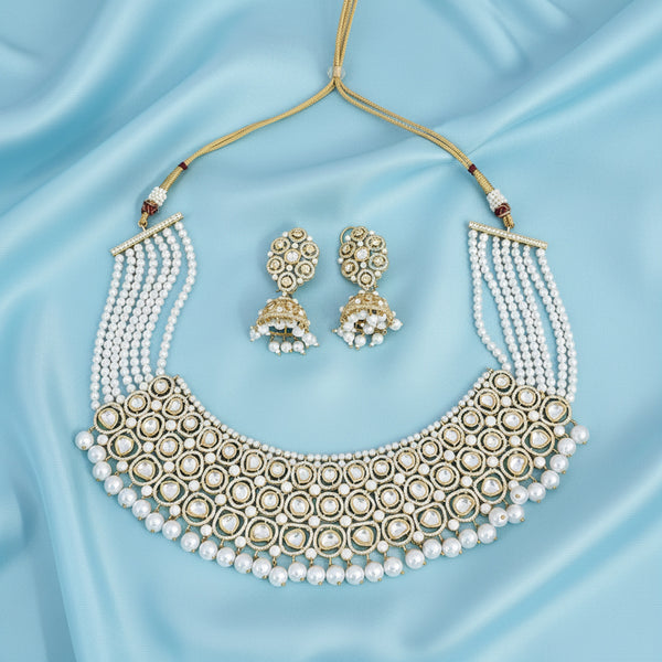 351471 Kundan Moti Necklace Set With Gold Plating