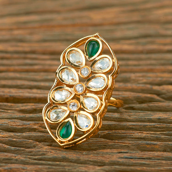 Kundan Adjustable Ring With Gold Plating 351579