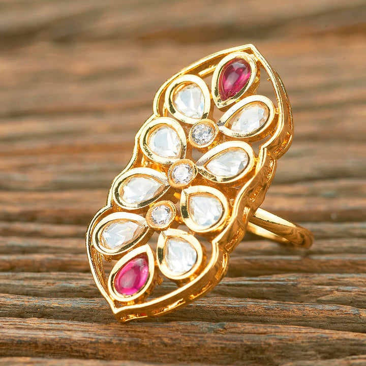 Kundan Adjustable Ring With Gold Plating 351579