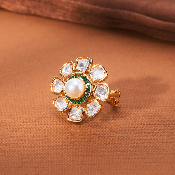 352027 Kundan Adjustable Finger Ring With Gold Plating