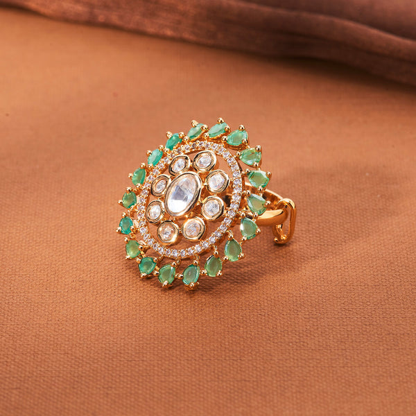 352029 Kundan Adjustable Finger Ring With Gold Plating