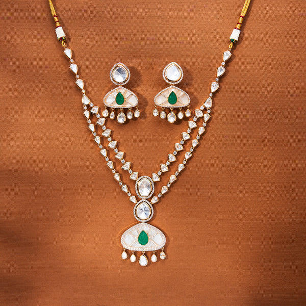 352038 Kundan 2 Line Necklace Set With Gold Plating