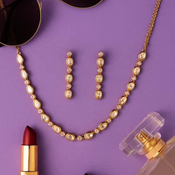 352188 Kundan Delicate Necklace Set With Gold Mehndi Plating