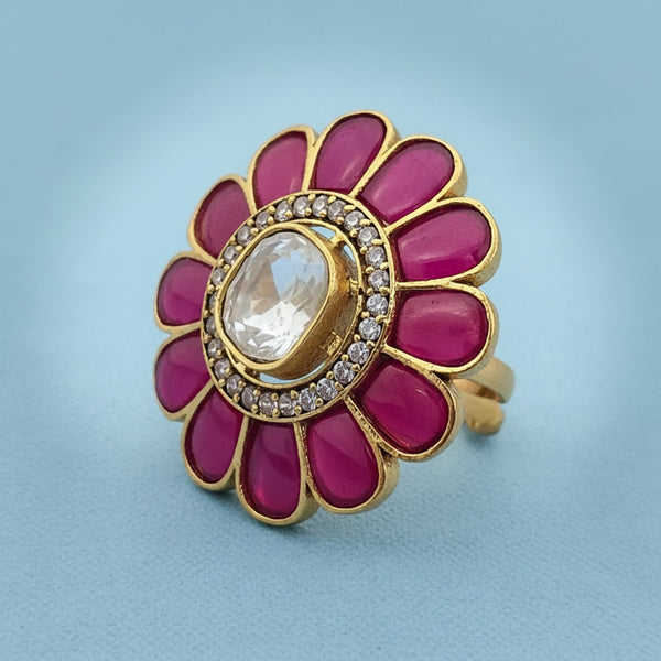 352240 Kundan Adjustable Ring With Matte Gold Plating