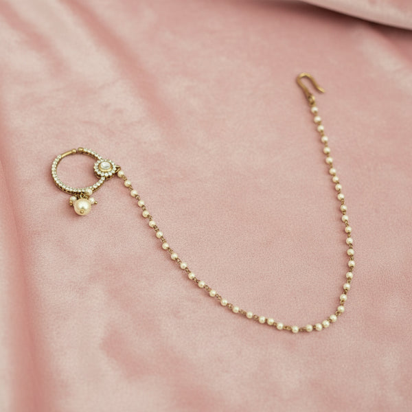 352258 Kundan Moti Nose Ring With Mehndi Plating