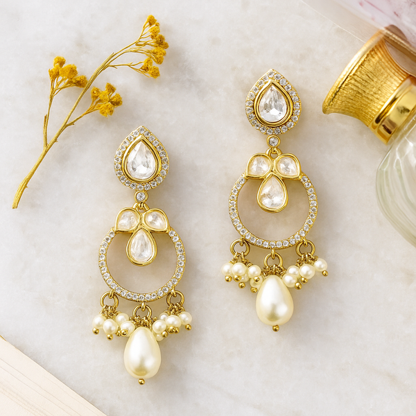 352342 Kundan Moti Earring With Carat Mehndi Plating