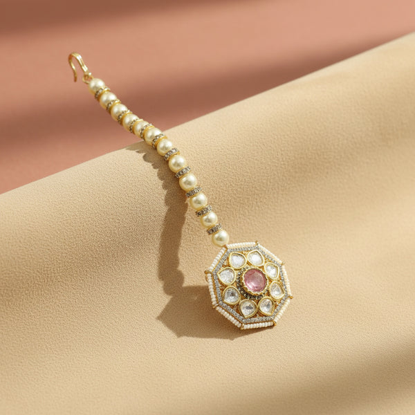 352526 Kundan Moti Tikka With Mehndi Plating