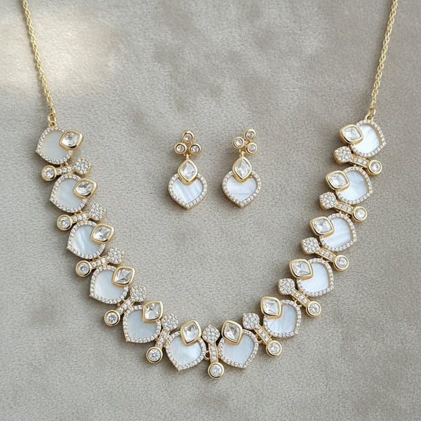 352618 Kundan Mother Of Pearl Necklace Set With Carat Rhodium Plating
