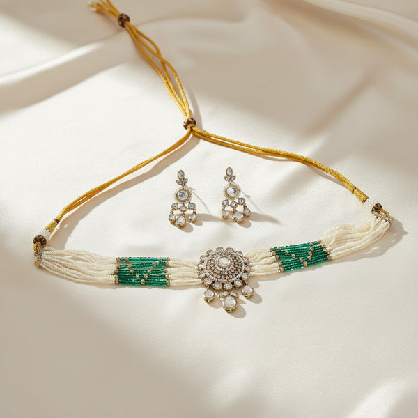 352621 Kundan Classic Necklace Set With Mehndi Plating