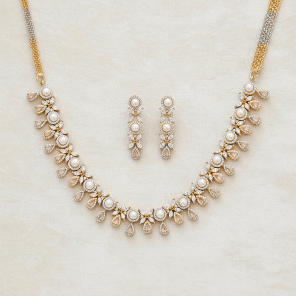 430773 Cz Pearl Necklace With 2 Tone Plating