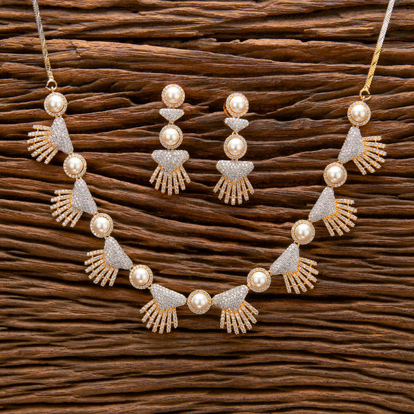 Cz Pearl Necklace With Rhodium 2 Tone Plating 431842