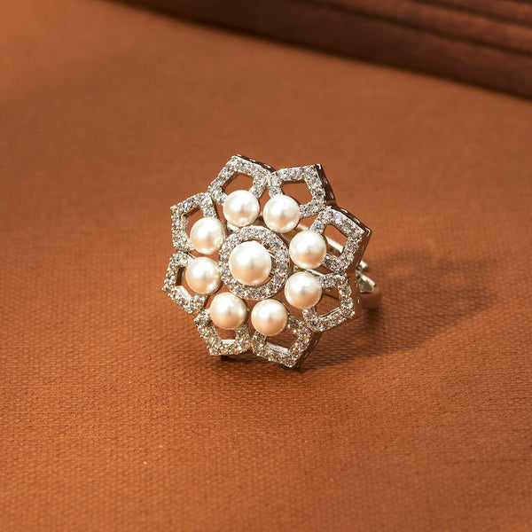 Cz Pearl Ring With Rhodium 2 Tone Plating 434007