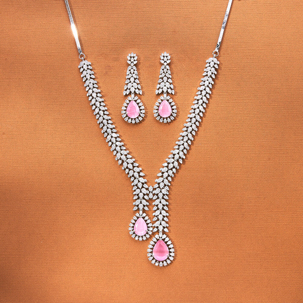 434845 Cubic Zirconia Classic Necklace Set With Rhodium Plating