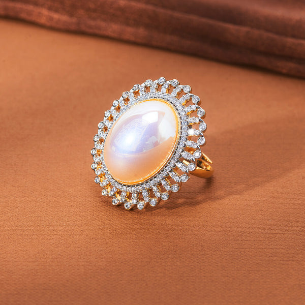 434986 Cz Pearl Ring With 2 Tone Rhodium Plating