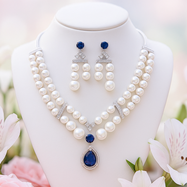 435380 Cz Pearl Necklace With Rhodium Plating