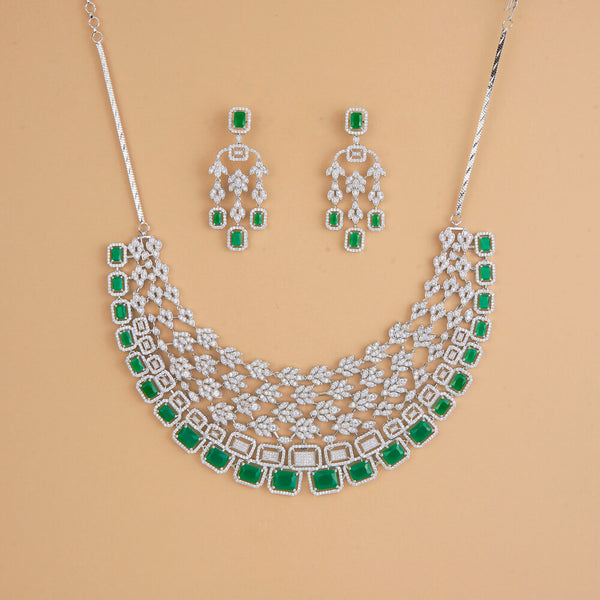 435392 Cubic Zirconia Mukut Necklace Set With Rhodium Plating