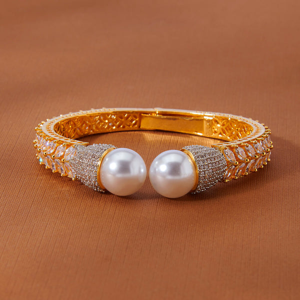 435463 Cubic Zirconia Pearl Kada With 2 Tone Rhodium Plating