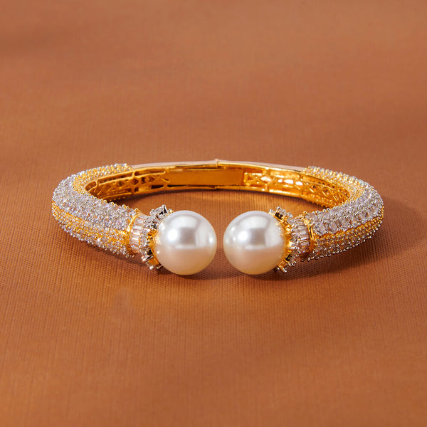 435466 Cubic Zirconia Pearl Kada With 2 Tone Rhodium Plating