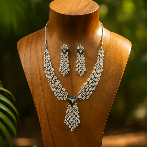 435839 Cubic Zirconia Classic Necklace Set With Rhodium Plating