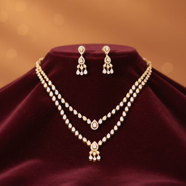 435850 Cubic Zirconia 2 Line Necklace With Mehndi 2 Tone Rhodium Plating