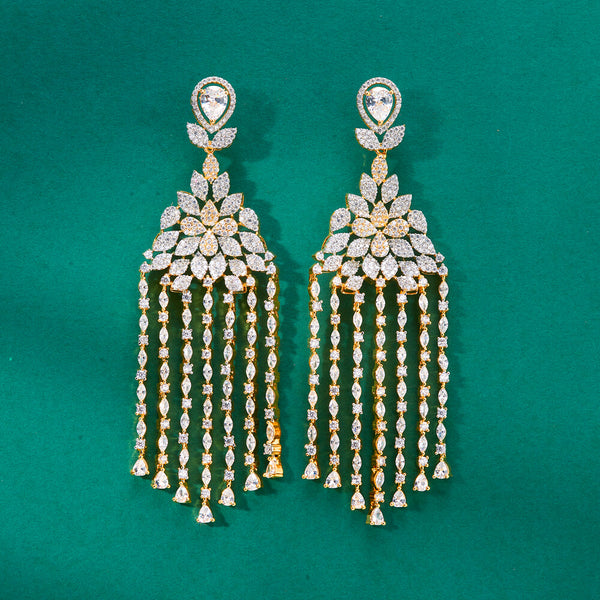 436169 Cz Long Earring With Mehndi 2 Tone Rhodium Plating