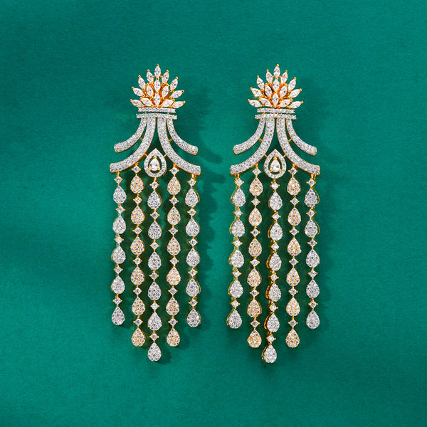 436170 Cz Long Earring With Mehndi 2 Tone Rhodium Plating