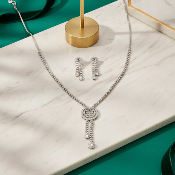 436242 Cubic Zirconia Classic Necklace Set With 2 Tone Rhodium Plating