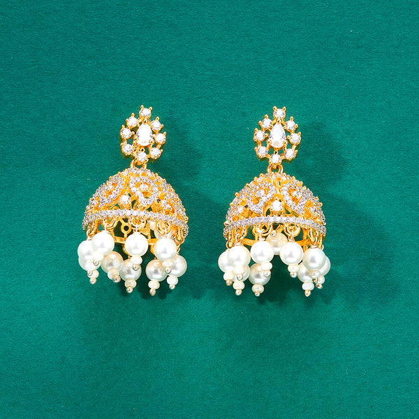 436300 Cz Moti Jhumki With 2 Tone Rhodium Plating