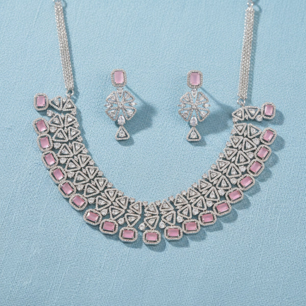 436313 Cubic Zirconia Classic Necklace Set With Rhodium Plating