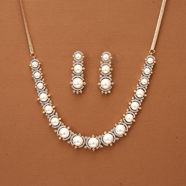 436978 Cubic Zirconia Pearl Necklace With 2 Tone Rhodium Plating
